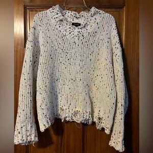 Distressed style knit sweater by Mittoshop sz M. V-neck white with multi colors